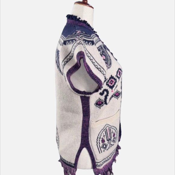 Anthropologie Angel of the North Wool Beige Plum Fringe Poncho Vest Cardigan - Picture 5 of 13